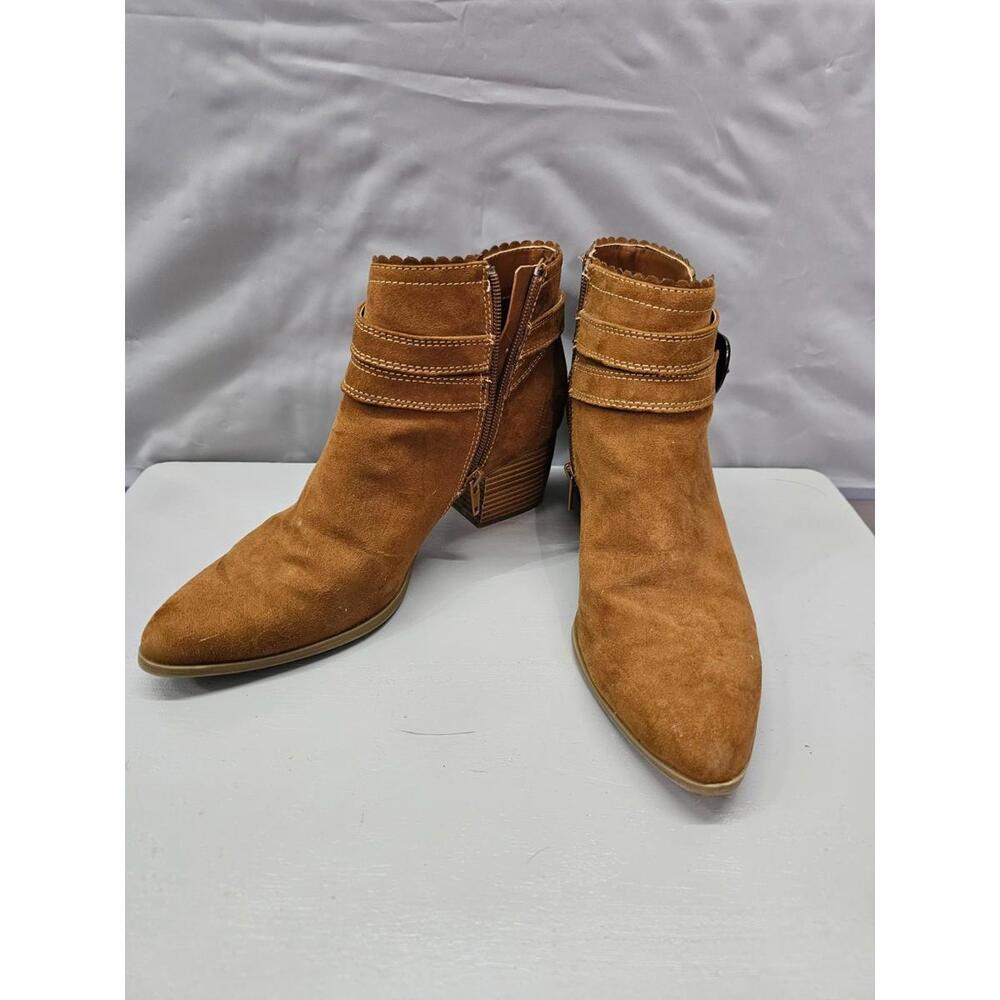 St. John’s Bay Tan Suede Ankle Booties Western Stacked Heel Zip Boot